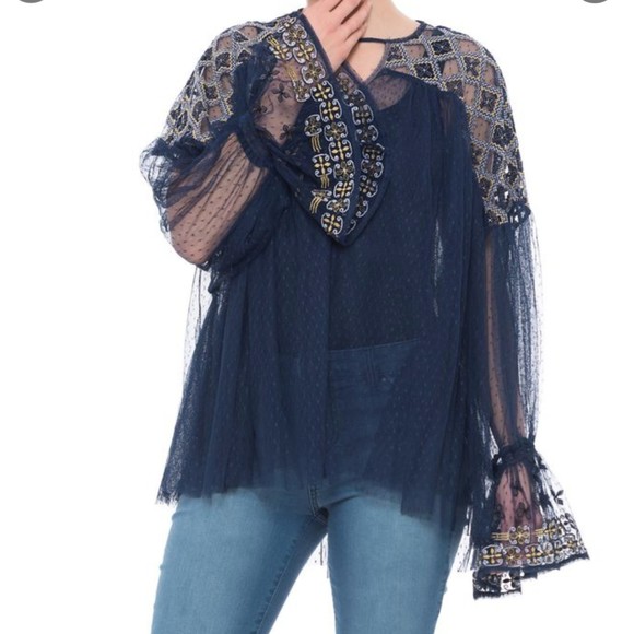 Free People Joyride Embroidered Sheer Mesh Long Sleeve Top M - Picture 4 of 8